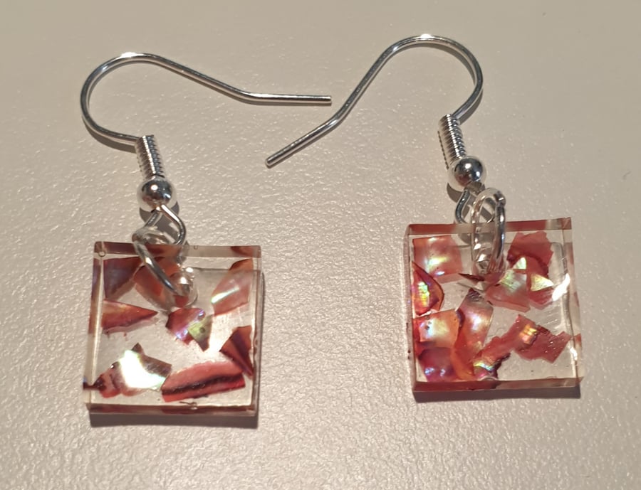 Square red mother of pearl resin earrings
