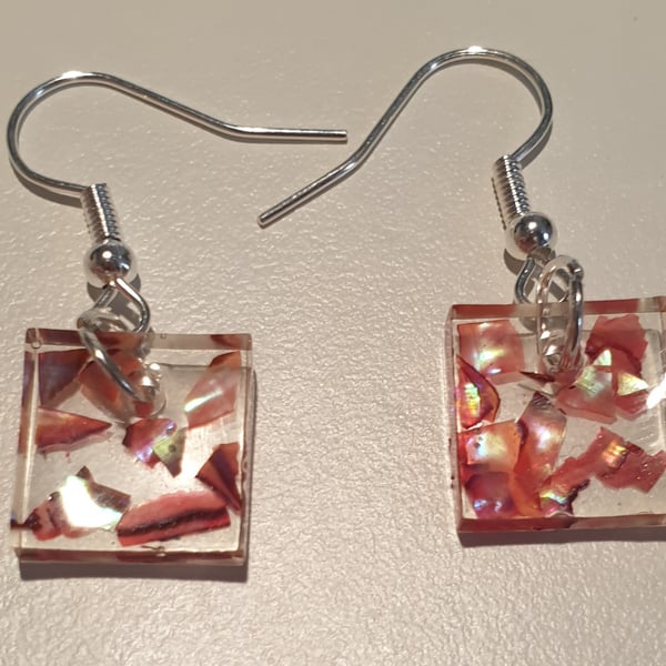 Square red mother of pearl resin earrings