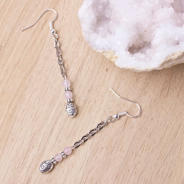Long Rose quartz earrings - Gemstone and bead long chain
