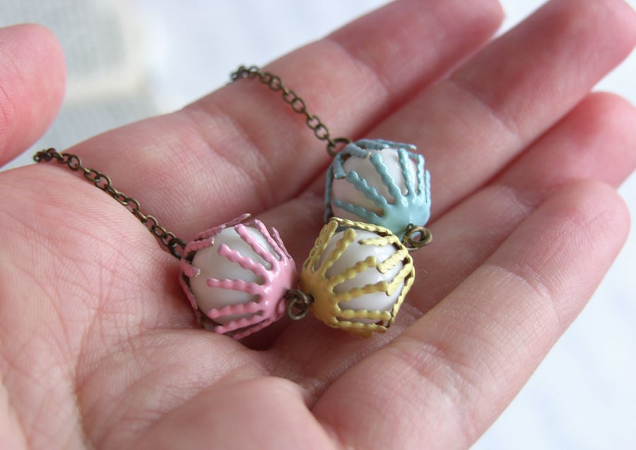 Pastel Glass Bead Necklace - Pink, Yellow & Blue Enamel - Handmade Beaded Chain