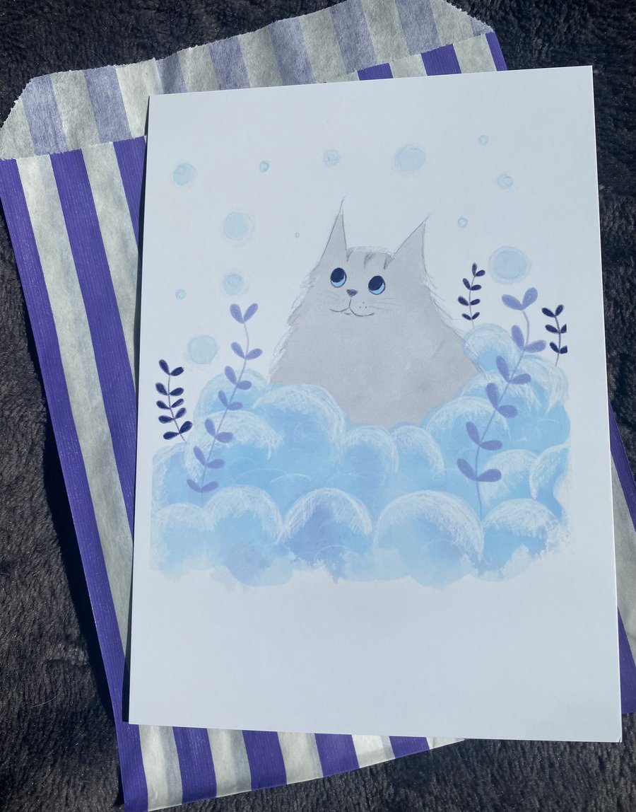 Snowy Cat, Postcard Size A6 print