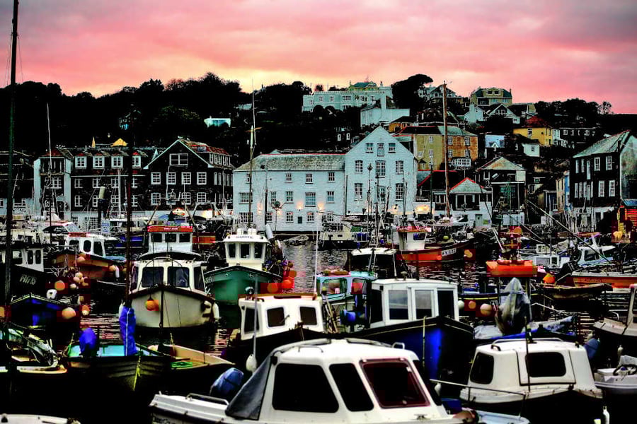 Mevagissey Harbour Print, Red Sky Over Mevagissey Boats Cornwall Picture