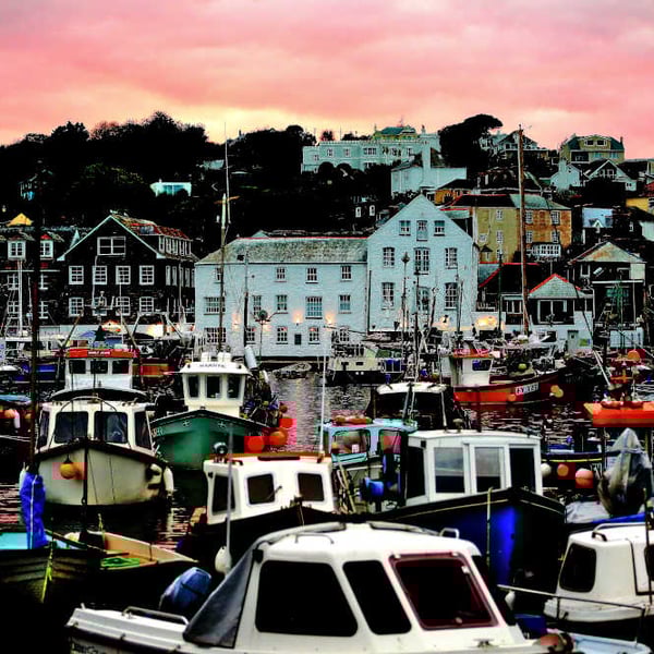 Mevagissey Harbour Print, Red Sky Over Mevagissey Boats Cornwall Picture