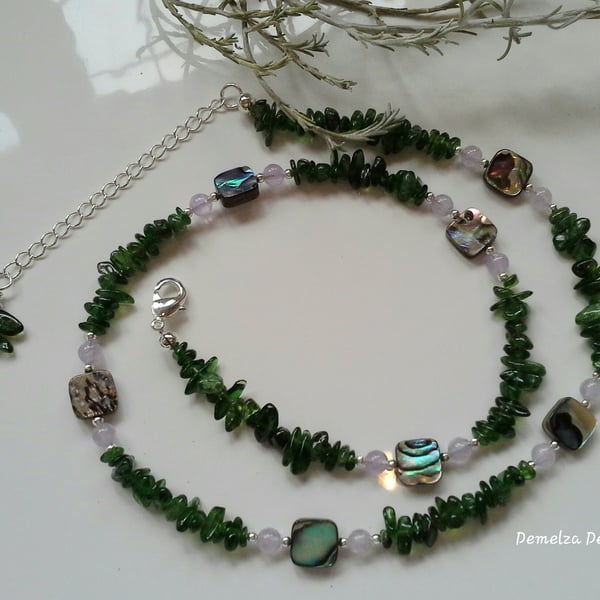 AA Grade Russian Diopside,  Lavender Amethyst & Abalone Shell Necklace