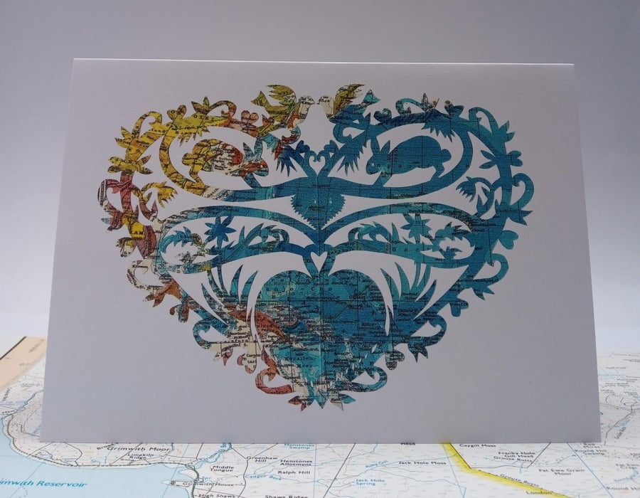 Oceans of Love Greeting Card, Papercut on Vintage map