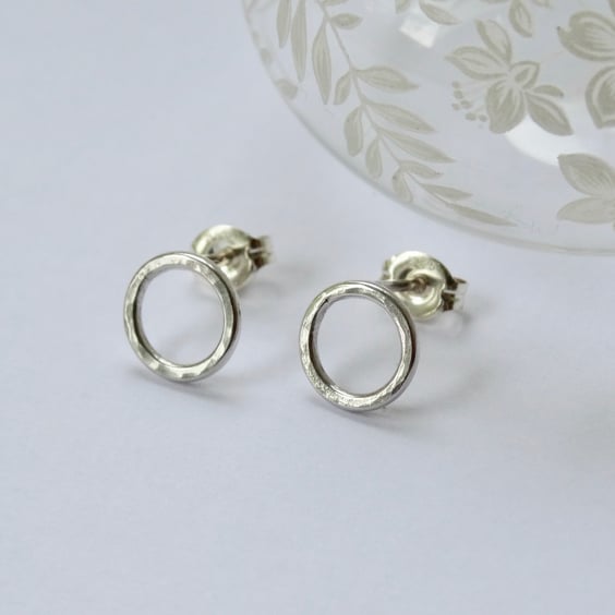 Circle hoop stud earrings - textured recycled silver