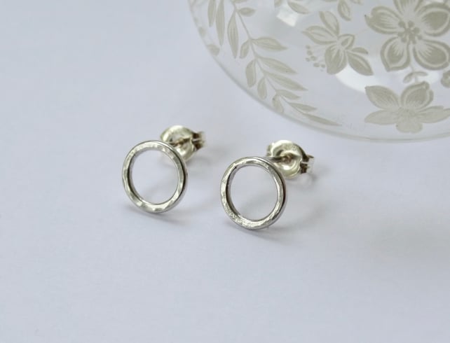 Silver stud earrings - hammered silver circle hoop studs - recycled silver