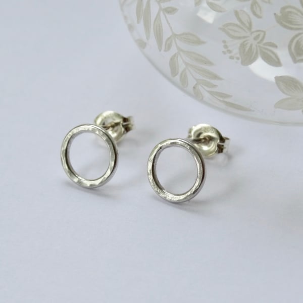 Silver stud earrings - hammered silver circle hoop studs - recycled silver