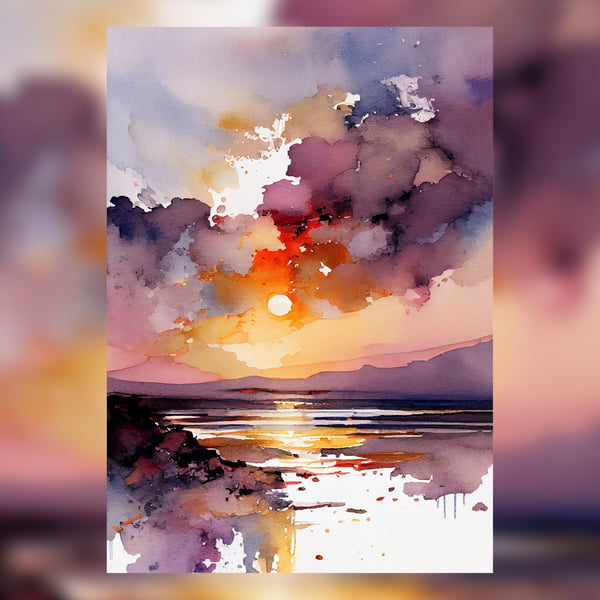 Sunrise Over a Calm Sea, Watercolor Painting Print, Ocean-themed Art, 5x7"