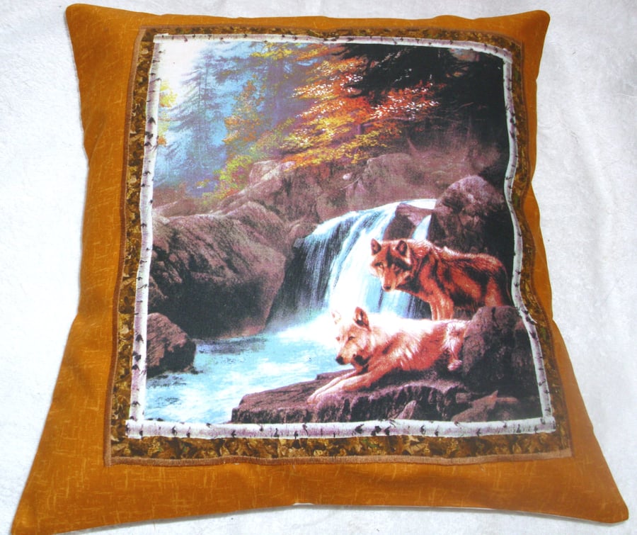 Wolves standing by a river in Autumn cushion