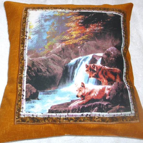 Wolves standing by a river in Autumn cushion