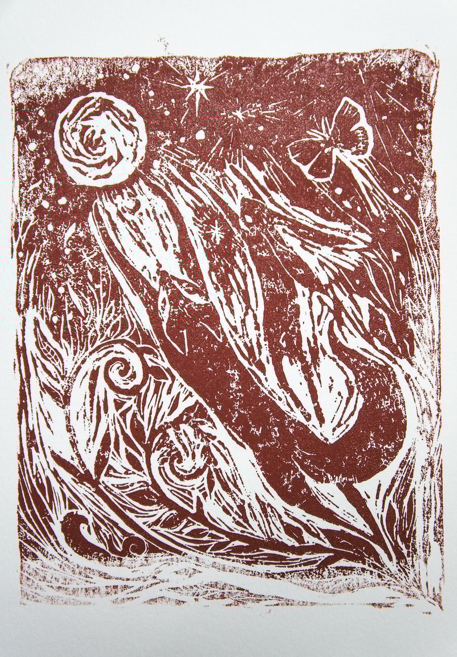 Fly To The Moon, Linocut Print