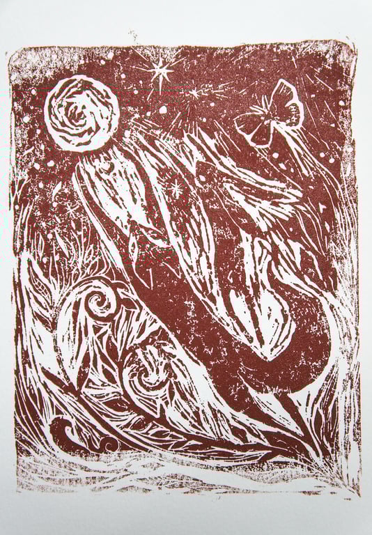Fly To The Moon, Linocut Print