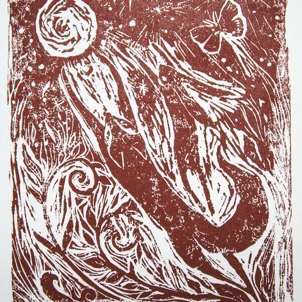 Fly To The Moon, Linocut Print