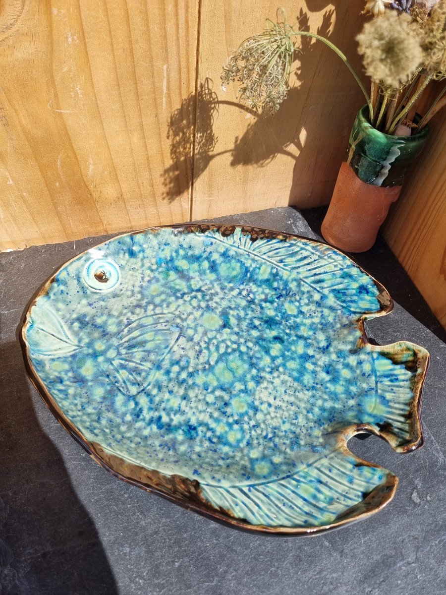 Blue Pottery Platter, Fish shaped serving plate, Wedding, housewarming gift  