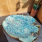 Blue Pottery Platter, Fish shaped serving plate, Wedding, housewarming gift  