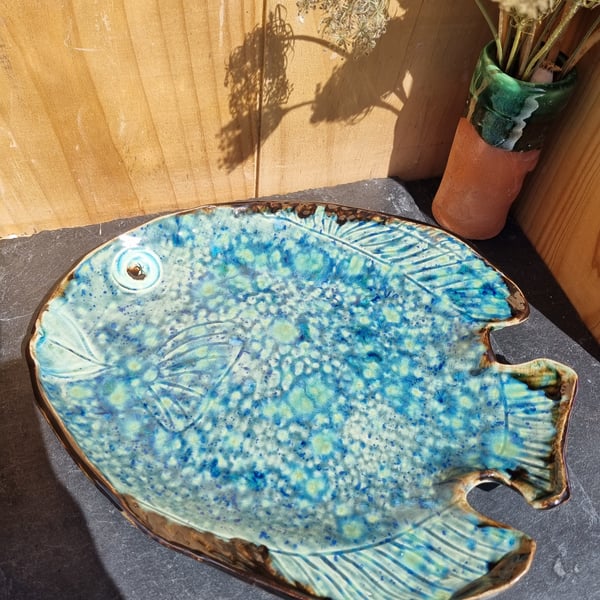 Blue Pottery Platter, Fish shaped serving plate, Wedding, housewarming gift  