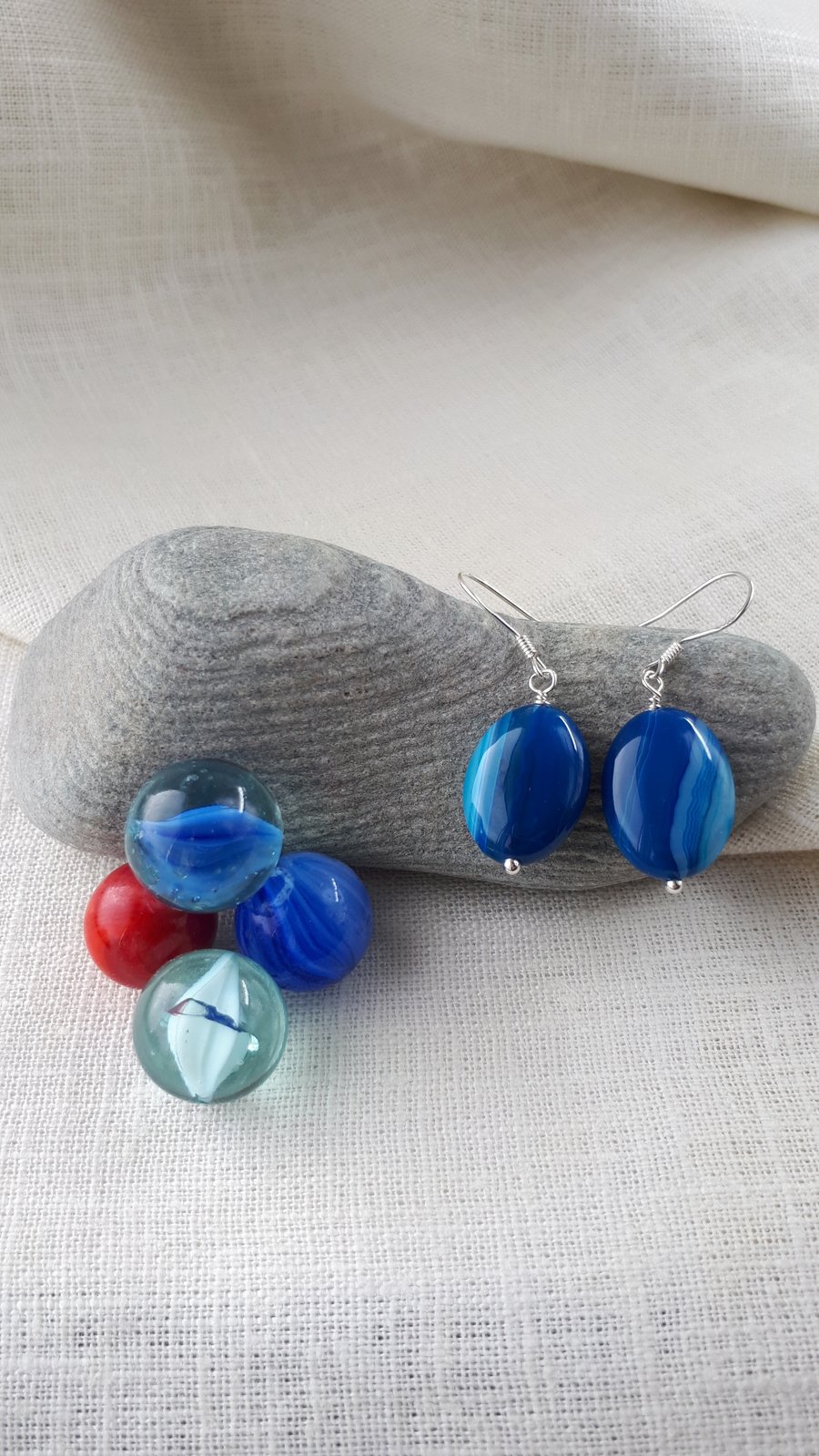 Blue agate oval beads 925 silver earrings