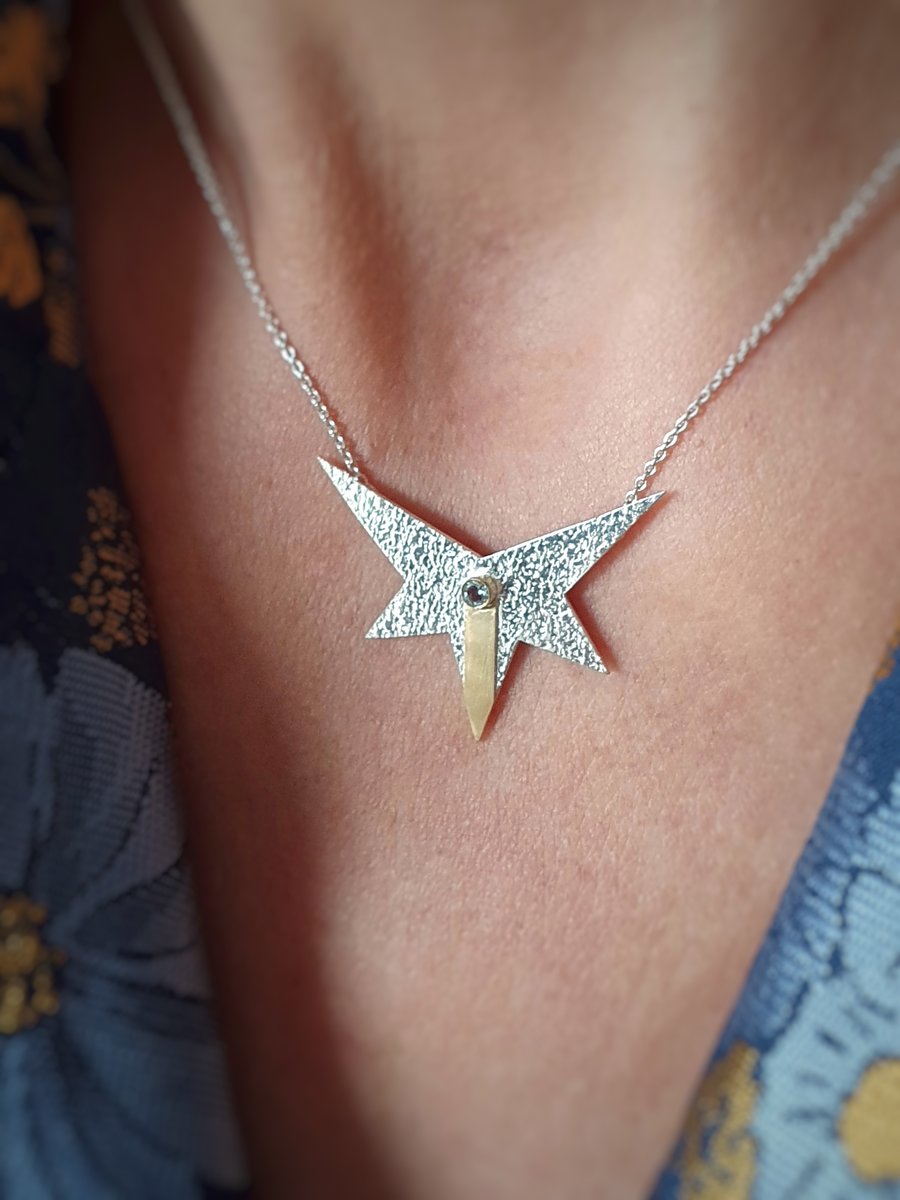 Star necklace handmade in gold, aquamarine and sterling silver, one of a kind