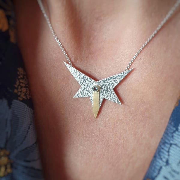 Star necklace handmade in gold, aquamarine and sterling silver, one of a kind