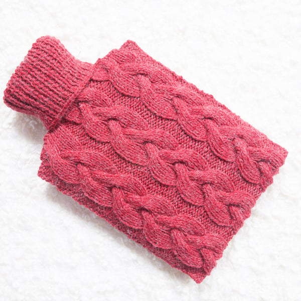 Hand knitted hot water bottle cover, cosy in red. Rustic bedroom, home decor