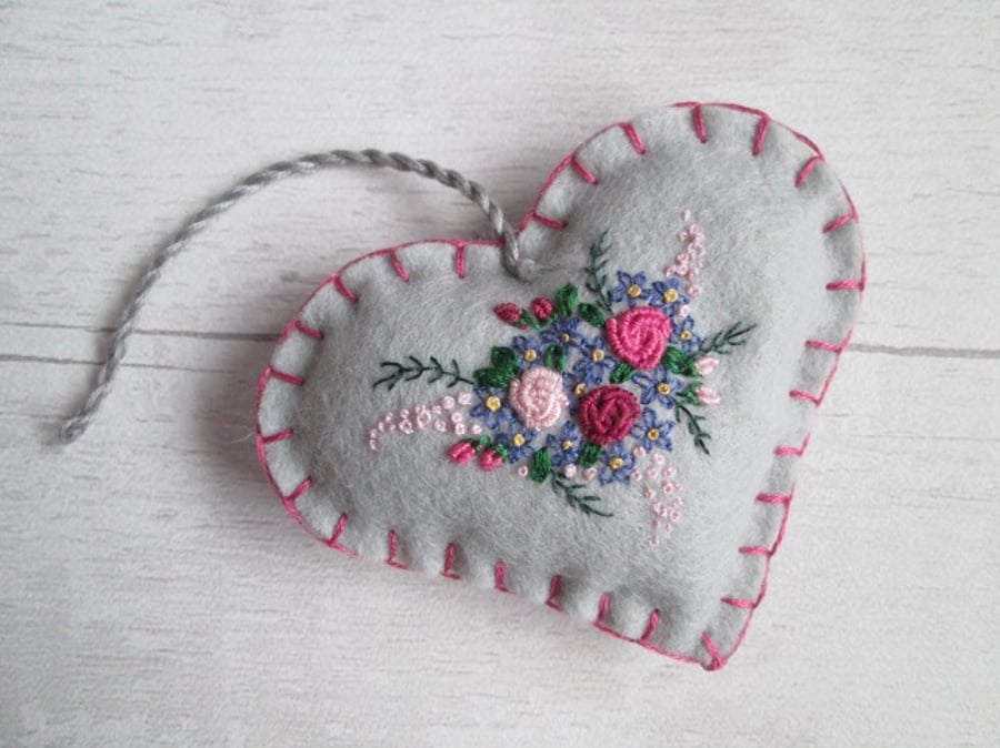 Silver Grey Felt Keepsake Heart with Hand Embroidered Bouquet of Flowers