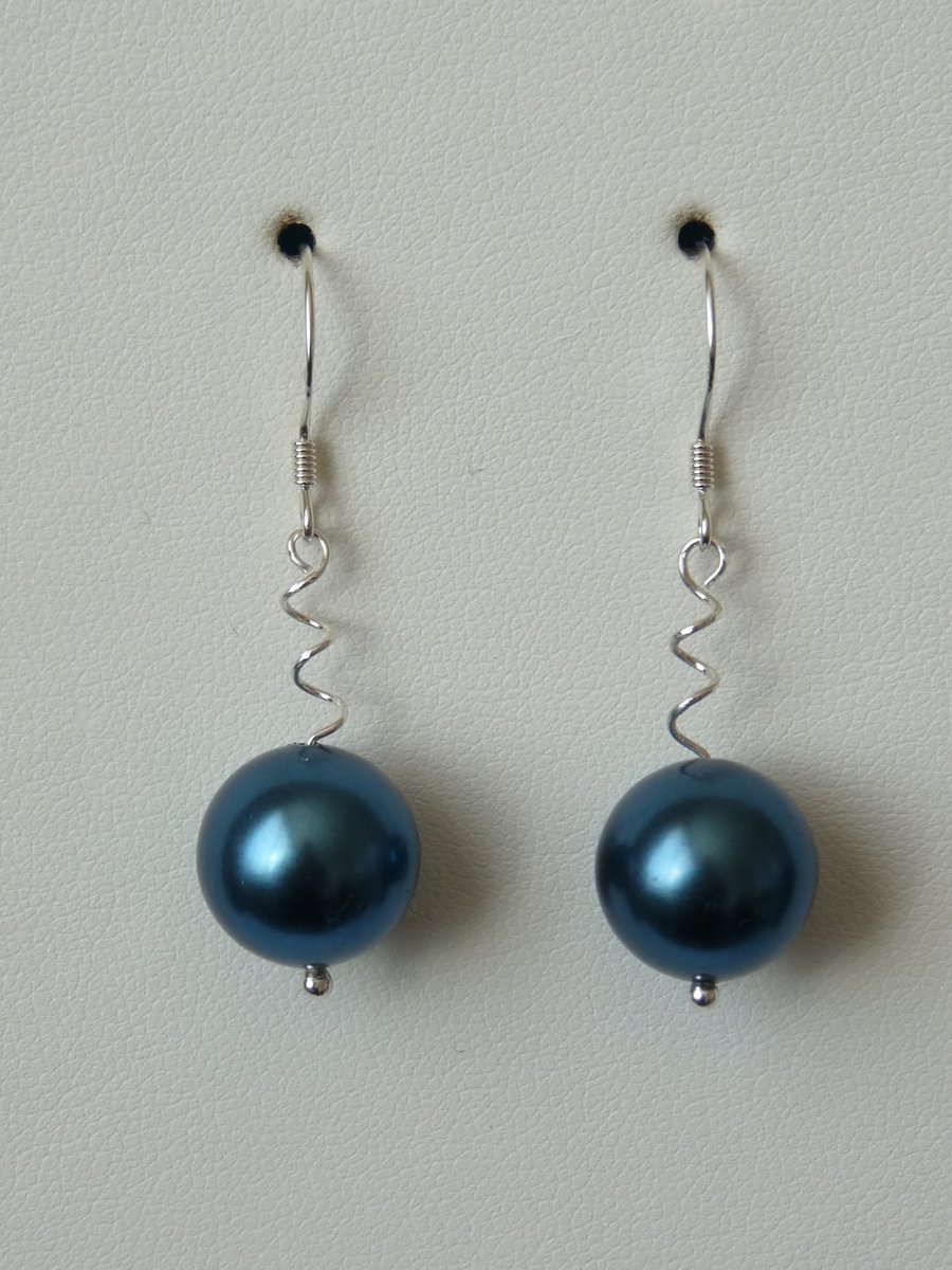 Teal Blue Shell Pearl Earrings - Handmade - Sterling Silver - Genuine Gemstone