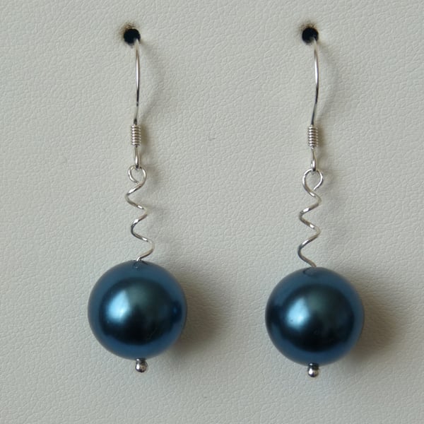 Teal Blue Shell Pearl Earrings - Handmade - Sterling Silver - Genuine Gemstone
