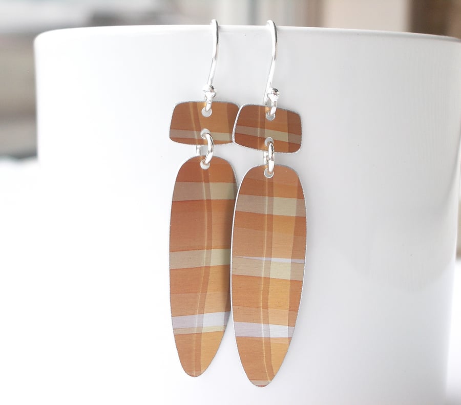 Long dangle earrings in mustard yellow checks