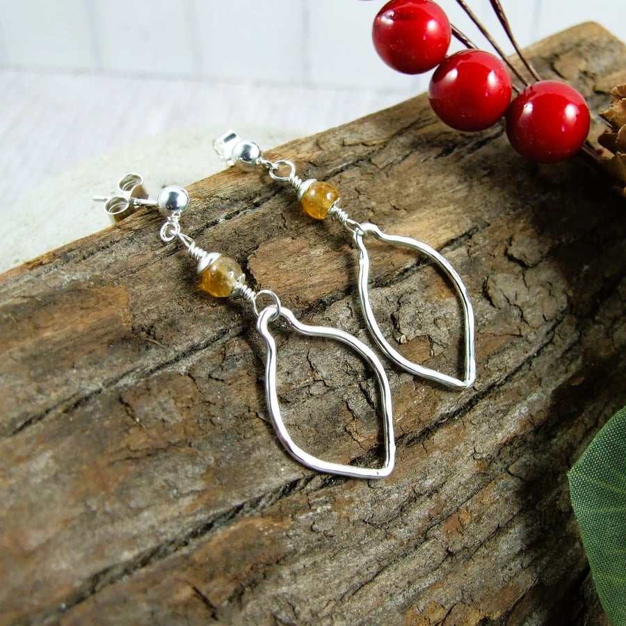 Earrings, Sterling Silver Lemon and Citrine Gemstone Stud Droppers
