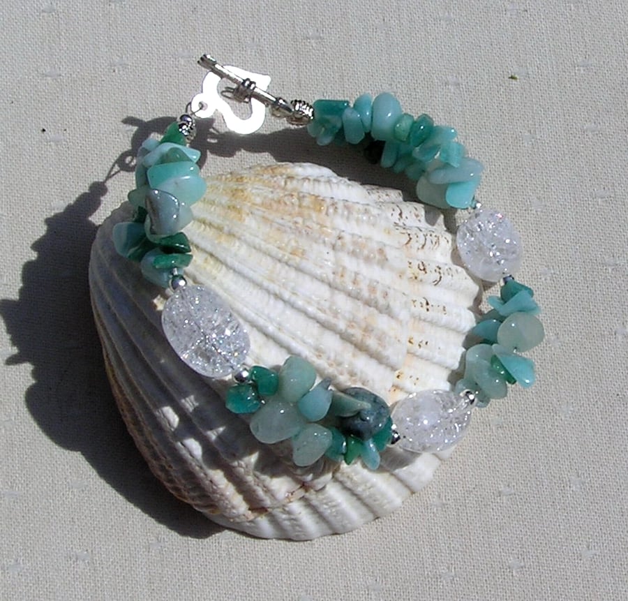 Amazonite & Crackled Clear Quartz Crystal Gemstone Bracelet "Amazon Dew"