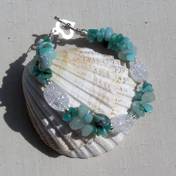 Amazonite & Crackled Clear Quartz Crystal Gemstone Bracelet "Amazon Dew"