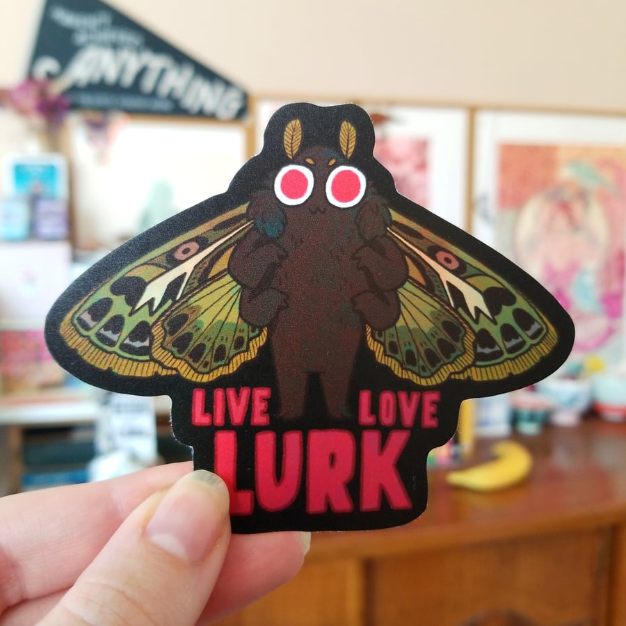 Mothman Live Love Lurk - spooky cryptid moth sticker