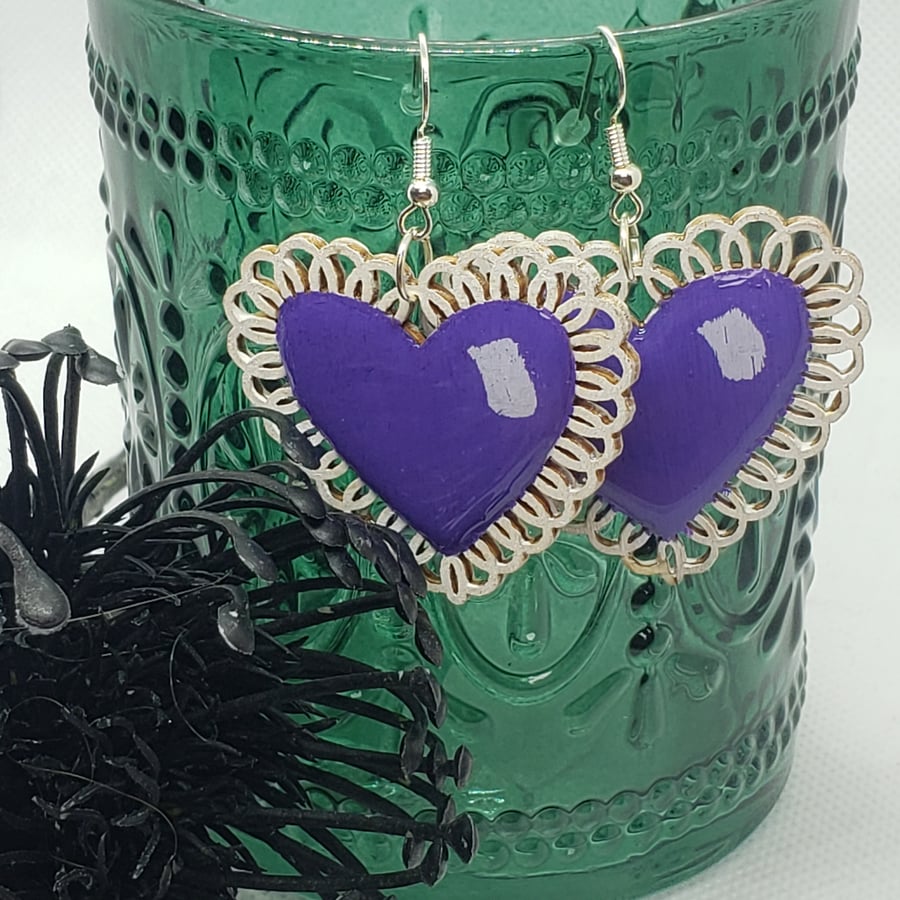 Hand-painted Heart Earrings Resin Coated - Purple 