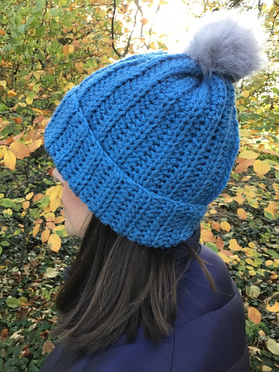 Chunky Acrylic hat, colour Cornish Blue with faux fur Pom pom