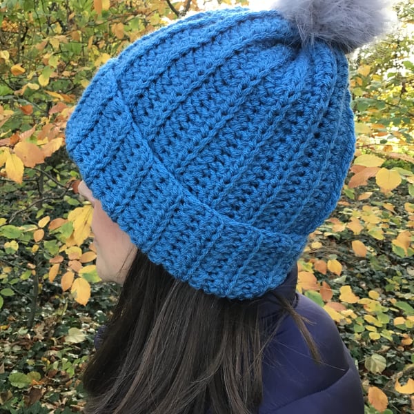 Chunky Acrylic hat, colour Cornish Blue with faux fur Pom pom