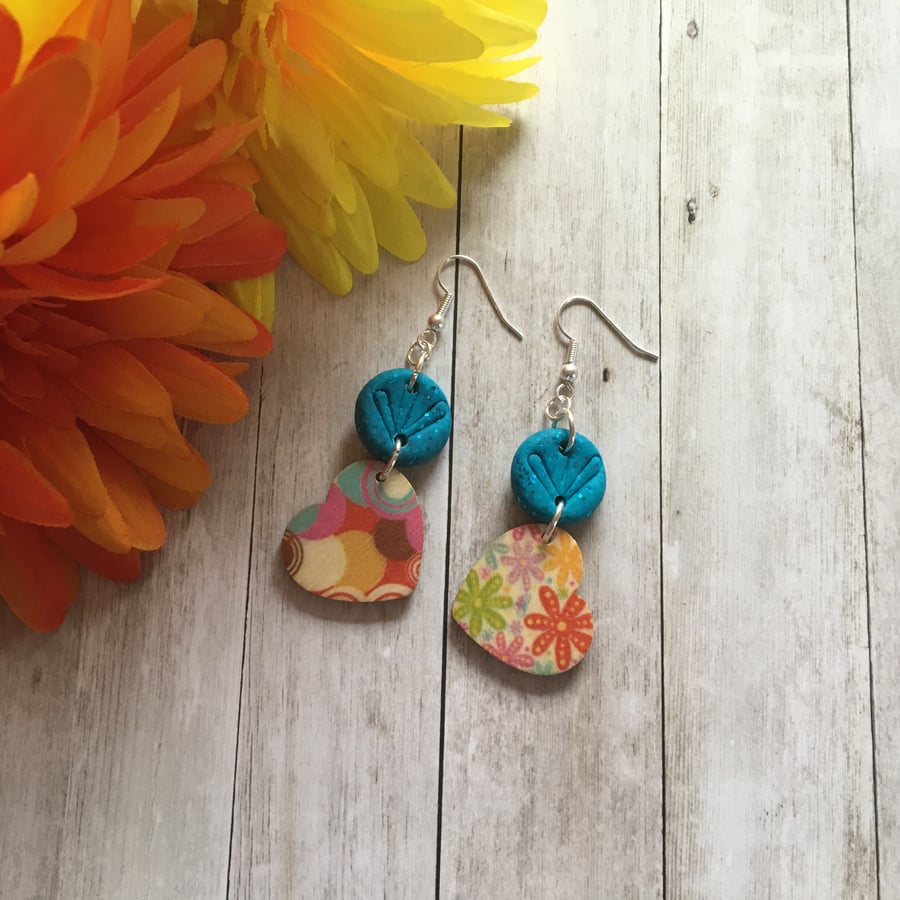 Passion wood heart and polymer clay dangle earrings.
