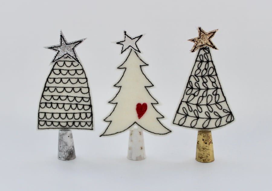 Three Miniature Wool Felt Christmas Trees 