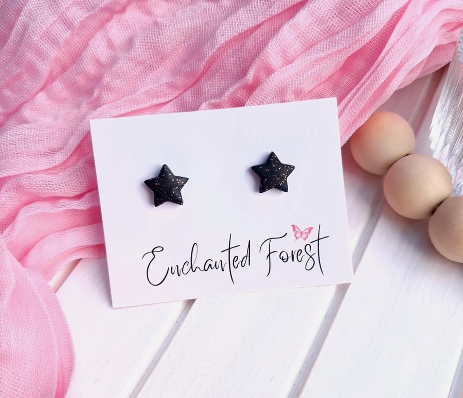 Black & Glitter Star Stud Earrings, Celestial Jewellery, Accessories & Gift
