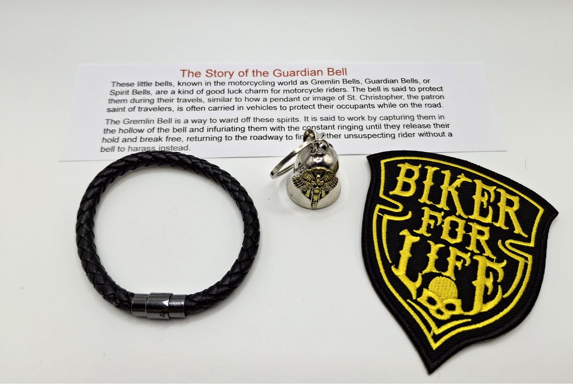 Bikers Gift Box, Bikers Bell Gremlin Bell, Leather Bracelet and Bikers Badge