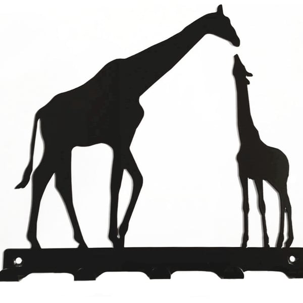 Mother and Baby Giraffe Silhouette Key Hook Rack - metal wall art