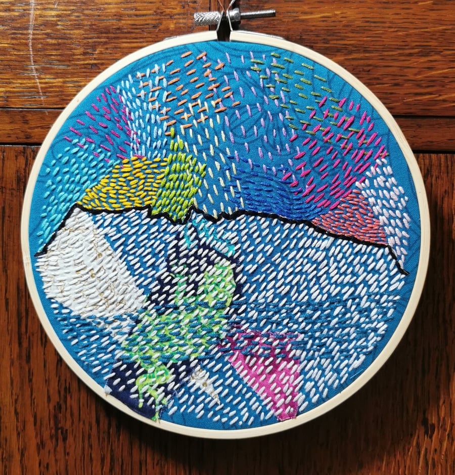 Sashiko Embroidered Hooped Wall Art - City of Light - slow stitched sashiko hand