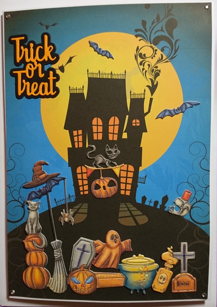 Trick or Treat Halloween Card Spooky House Ghost 3D Luxury Handmade Card