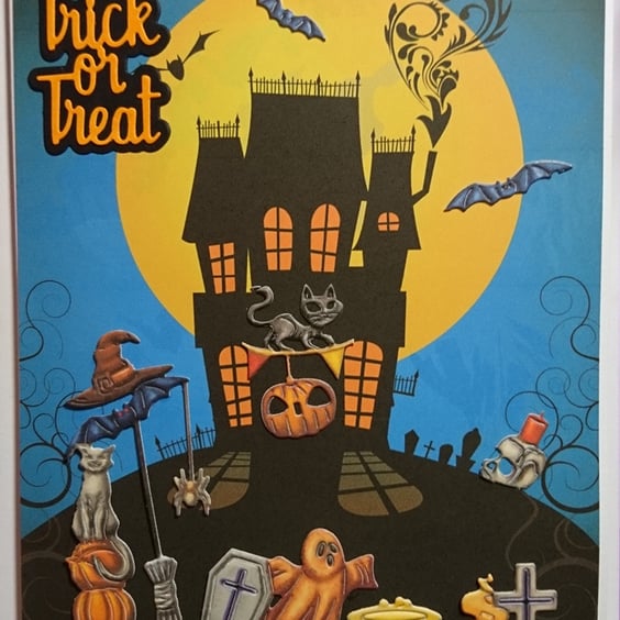Trick or Treat Halloween Card Spooky House Ghost 3D Luxury Handmade Card