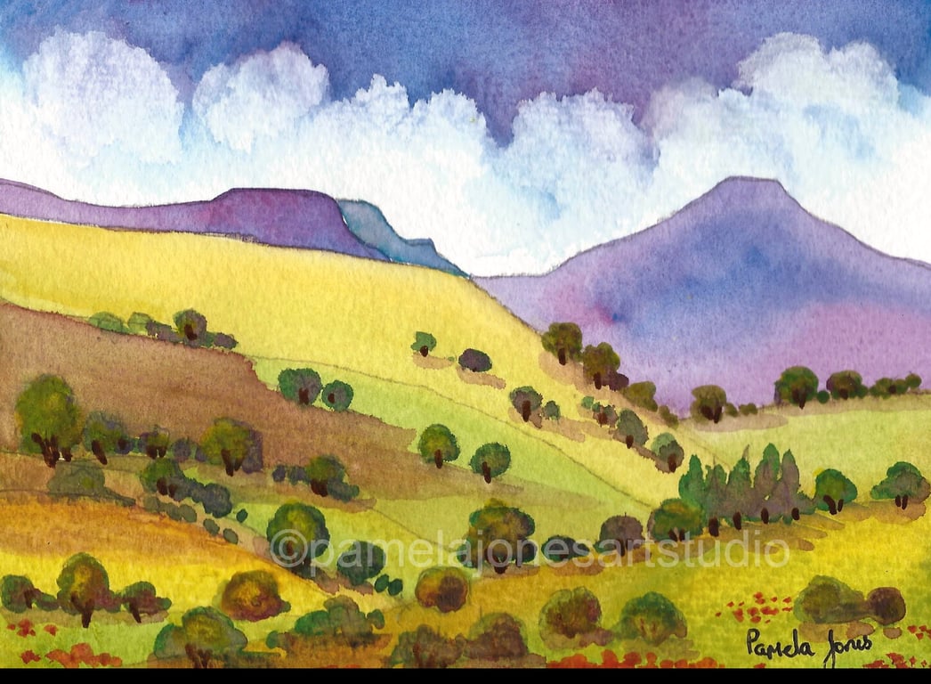 Watercolour Print, Pen Y Fan, Brecon Beacons, Wales, in 9 x 7 '' Mount
