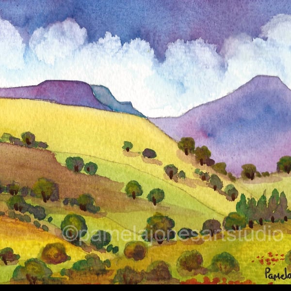 Watercolour Print, Pen Y Fan, Brecon Beacons, Wales, in 9 x 7 '' Mount