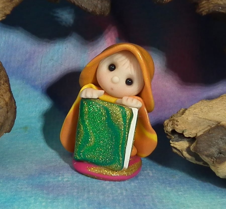 Christmas Special Tiny Library Gnome 'Glenda' with book OOAK Sculpt Ann Galvin