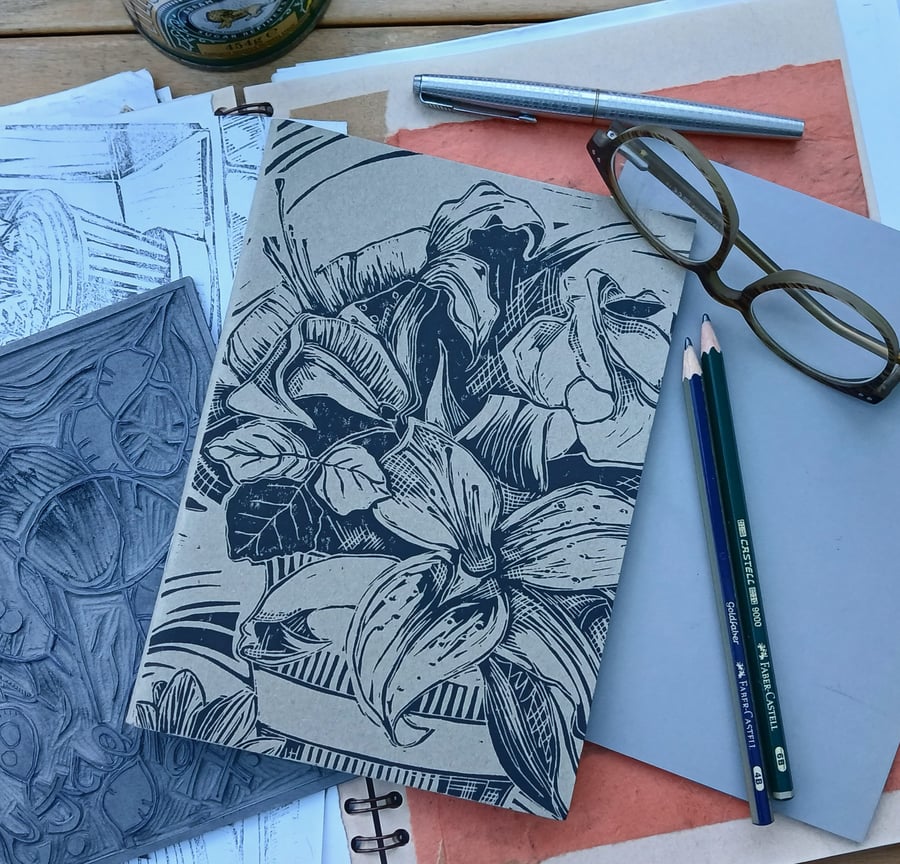 'October Birthday', Floral Design Lino Printed Sketchbook
