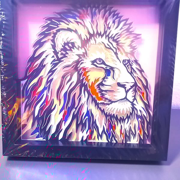 Proud Lion, Multicoloured decorative wall hanging, 3D art, Shadow art