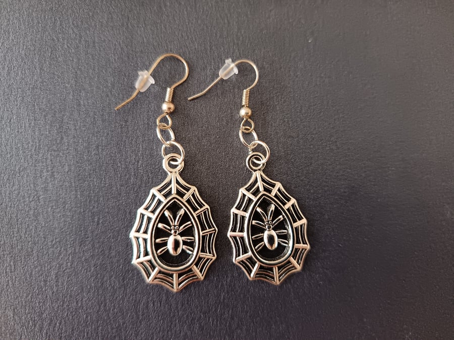 Handmade silver spider and web earrings 